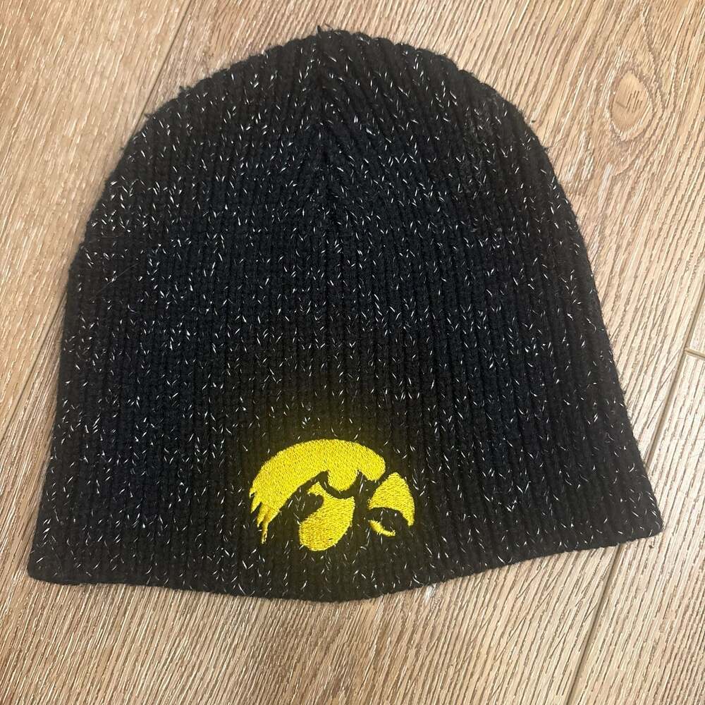 Iowa Hawkeyes Beanie Black Yellow Knit Hat NCAA Football Herky Adult One Size